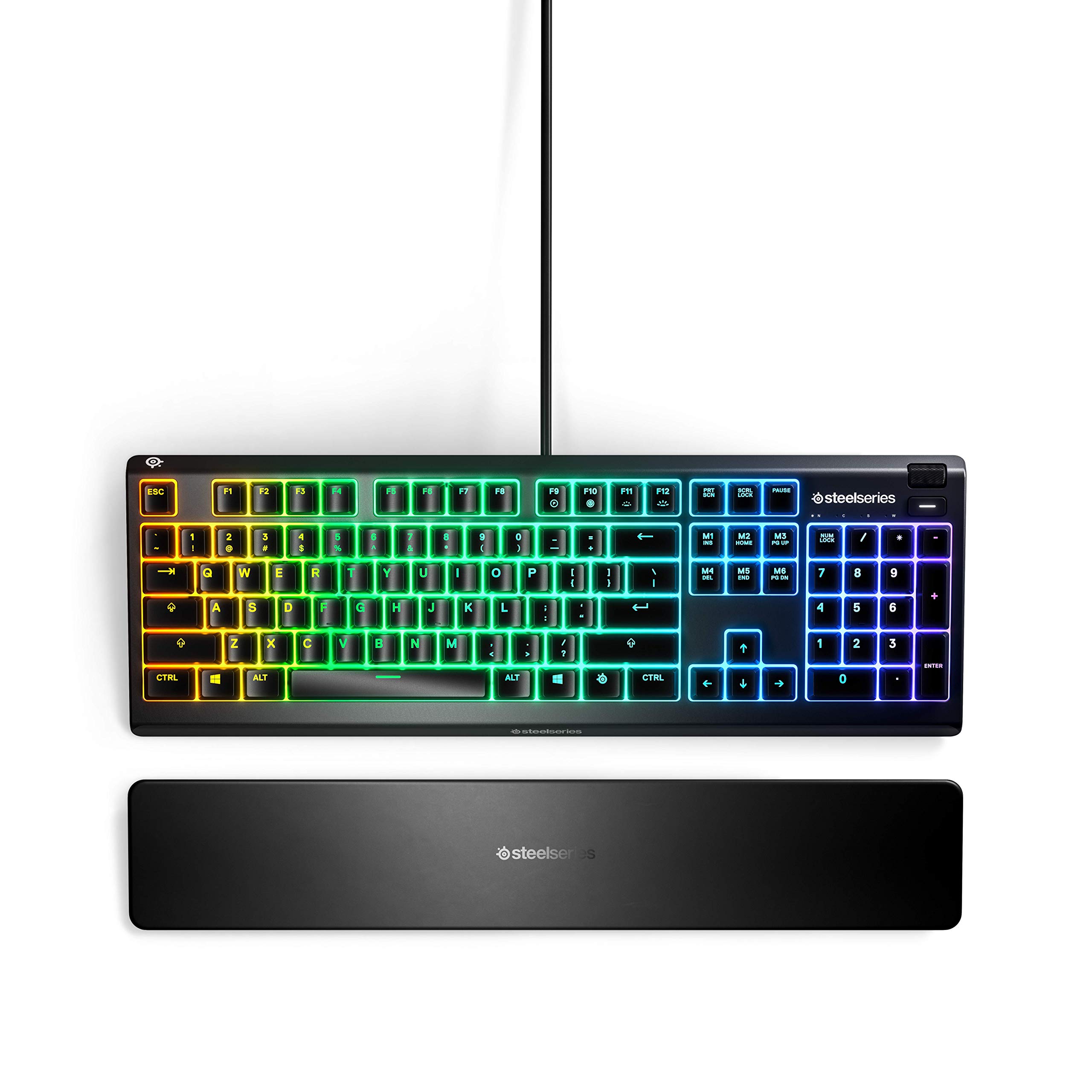 SteelSeries Apex 3 RGB Gaming Keyboard – 10-Zone RGB Illumination – IP32 Water Resistant – Premium Magnetic Wrist Rest (Whisper Quiet Gaming Switch) (Renewed)