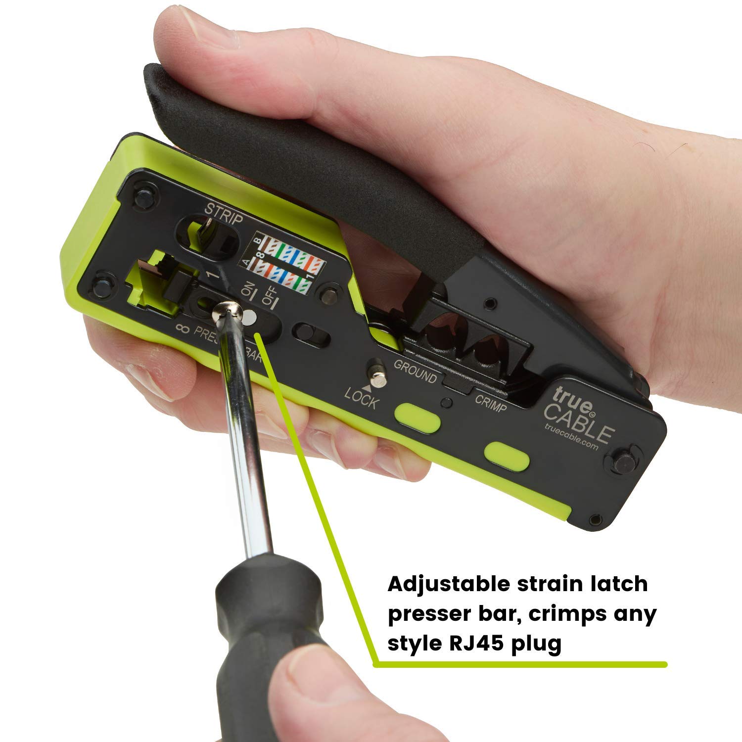 trueCABLE All-In-One Pass Through RJ45 Crimp Tool | Works with Cat5e, Cat6, Cat6A Ethernet RJ45 Connectors, Shielded & Unshielded Standard Modular Plugs | Ethernet Crimping Tool | RJ45 Crimper