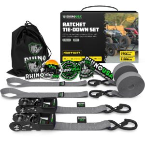 Rhino USA Ratchet Straps Tie Down Kit, 5,208 Break Strength - includes (2) Heavy Duty 1.6" x 8' Rachet Tiedowns with Padded Handles & Coated Chromoly S Hooks + (2) Soft Loop Tie-Downs