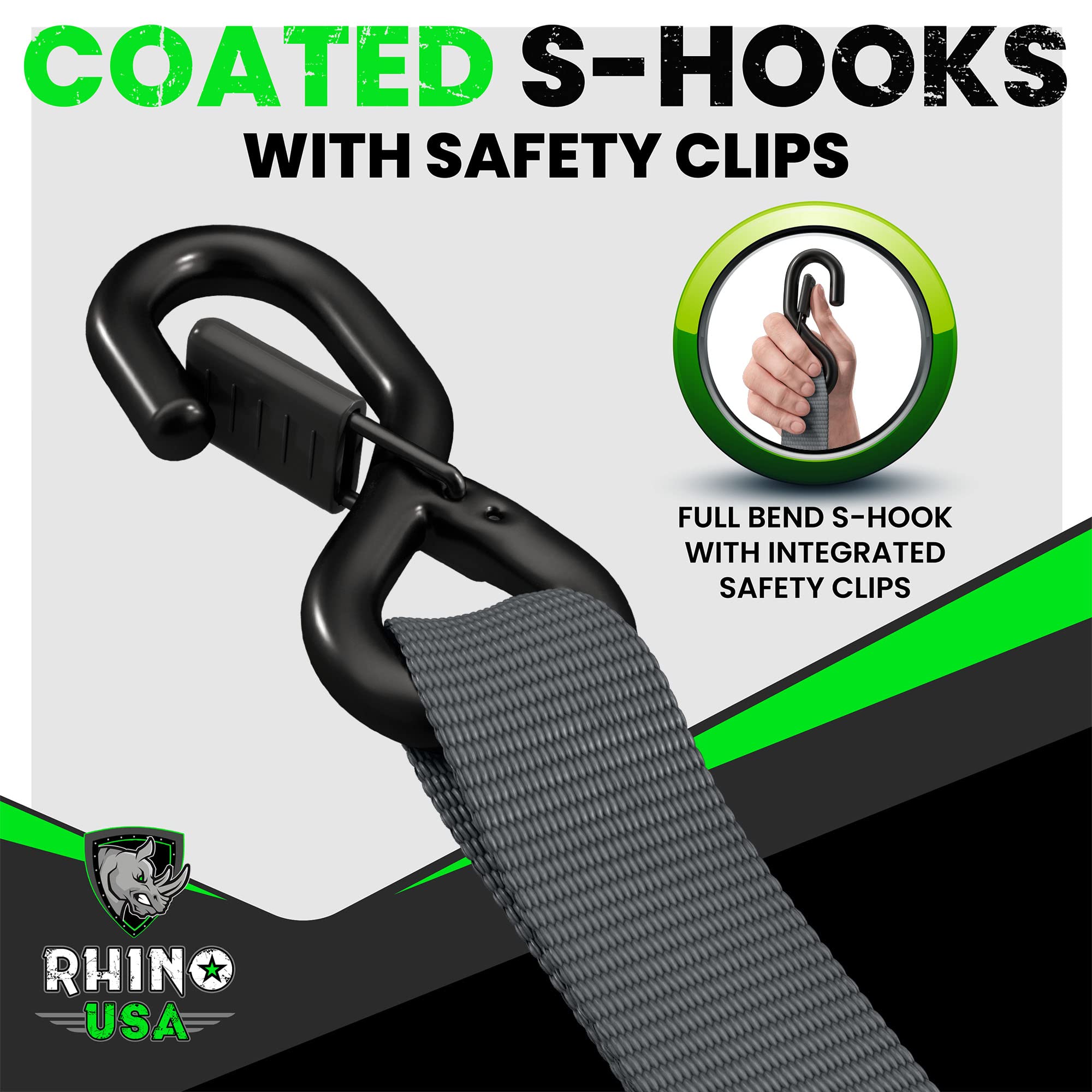 Rhino USA Ratchet Straps Tie Down Kit, 5,208 Break Strength - includes (2) Heavy Duty 1.6" x 8' Rachet Tiedowns with Padded Handles & Coated Chromoly S Hooks + (2) Soft Loop Tie-Downs