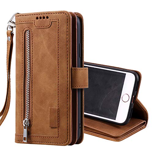 UEEBAI Wallet Case for iPhone 7 Plus iPhone 8 Plus, Retro 9 Card Slots Zipper Pocket Handbag Case PU Leather Magnetic Closure Kickstand with Wrist Strap TPU Flip Case - Brown