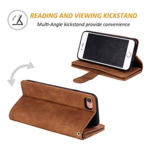 UEEBAI Wallet Case for iPhone 7 Plus iPhone 8 Plus, Retro 9 Card Slots Zipper Pocket Handbag Case PU Leather Magnetic Closure Kickstand with Wrist Strap TPU Flip Case - Brown