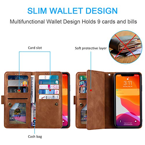 UEEBAI Wallet Case for iPhone 7 Plus iPhone 8 Plus, Retro 9 Card Slots Zipper Pocket Handbag Case PU Leather Magnetic Closure Kickstand with Wrist Strap TPU Flip Case - Brown