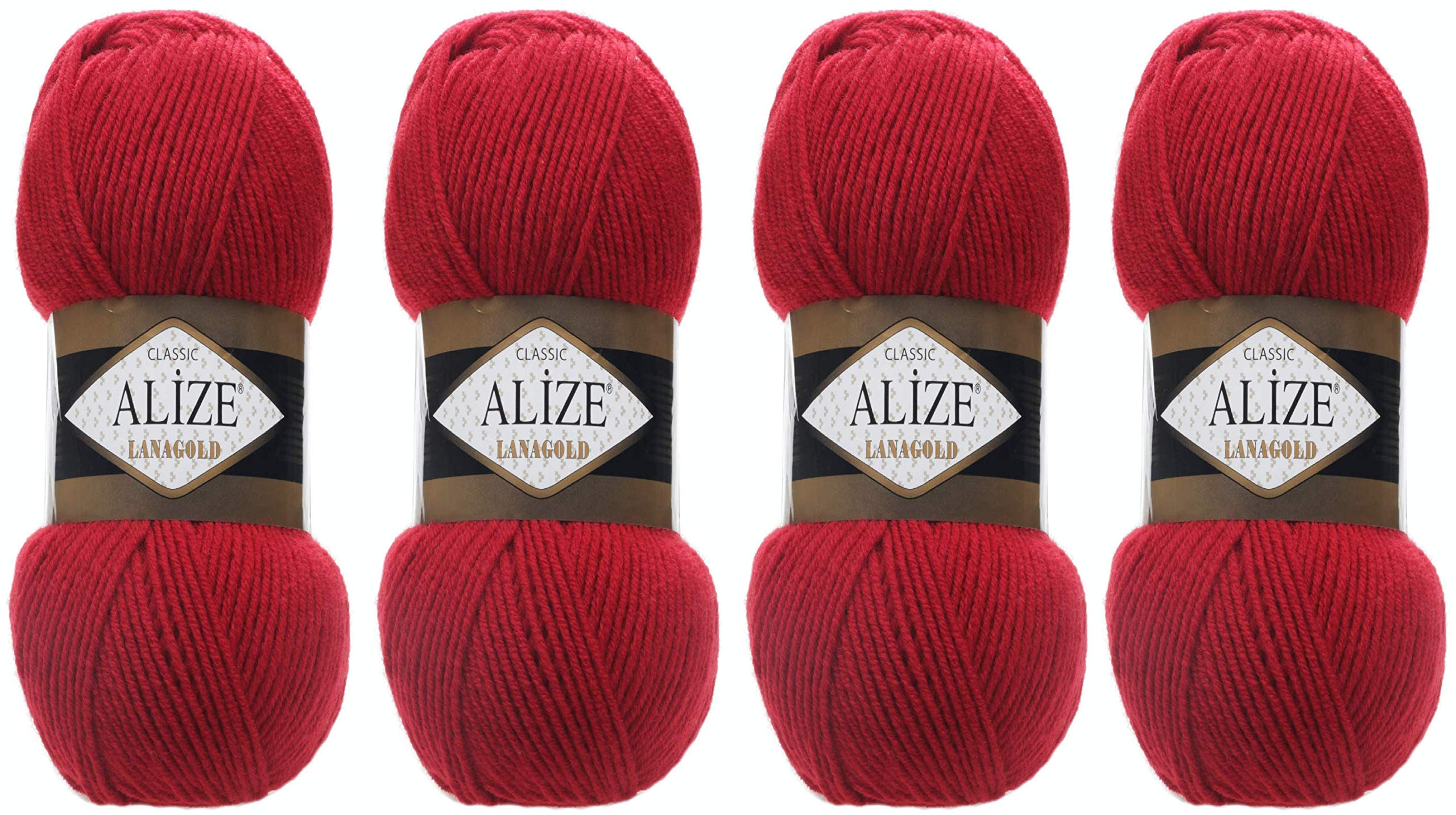 Alize Lanagold Yarn for Crochet, Knitting Crafting Wool,Hand Knitting Yarn Blend Warm Soft Natural Chunky Hand Woven Knitting Crochet Wool Lot of 4 skeins 400gr 1048 yds (56-Red)