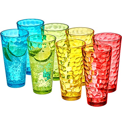 Amazing Abby - Iceberg - 24-Ounce Plastic Tumblers (Set of 8), Plastic Drinking Glasses, Mixed-Color High-Balls, Reusable Plastic Cups, Stackable, BPA-Free, Shatter-Proof, Dishwasher-Safe