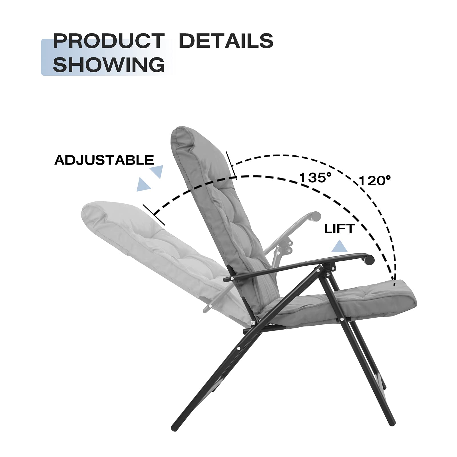 Oakcloud 3-Piece Patio Bistro Set Padded Folding Chair Set Adjustable Reclining Lounge Chairs with Cushion & Tempered Glass Coffee Table, Grey