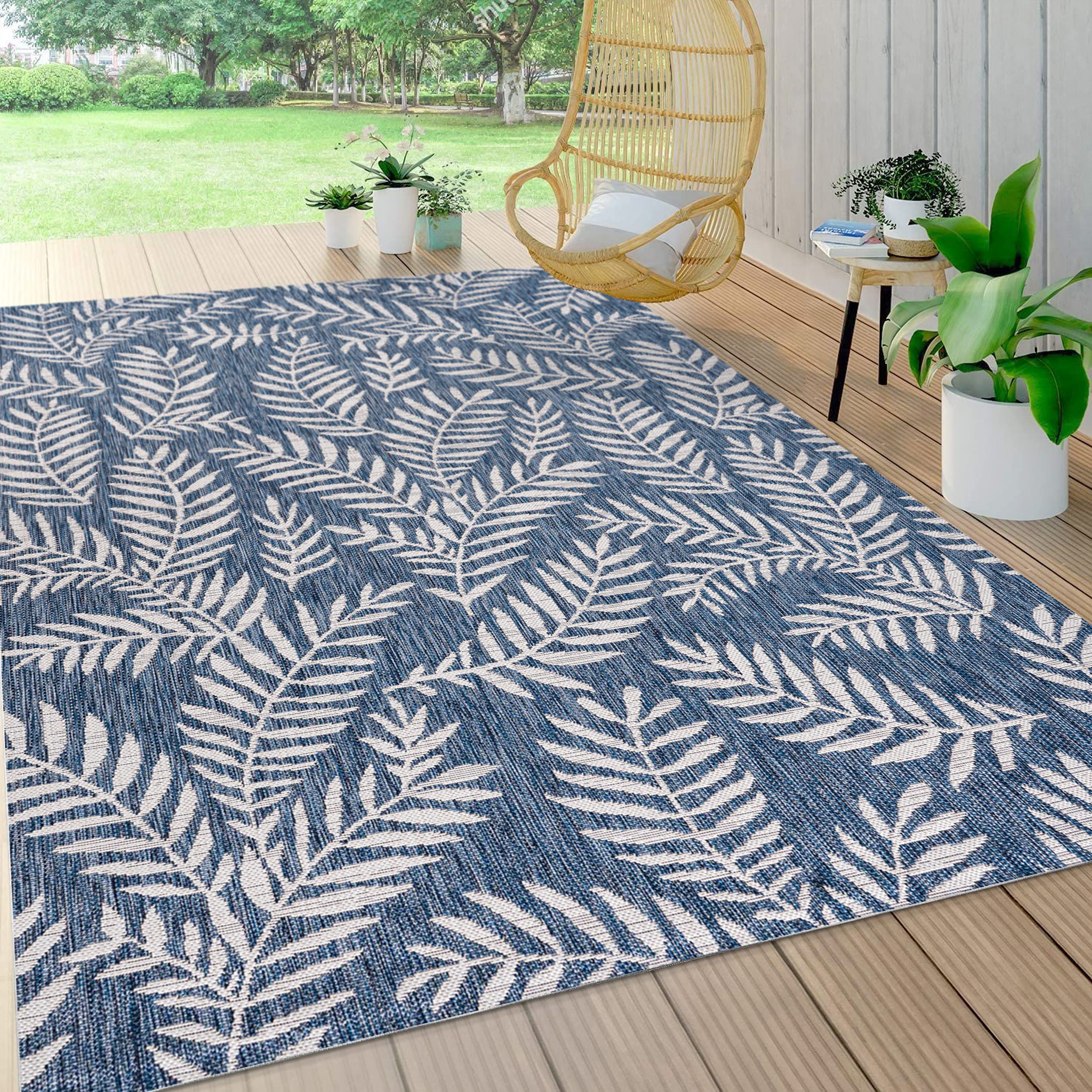 JONATHAN Y SMB119B-3 Nevis Palm Frond Indoor Outdoor Area-Rug Coastal Floral Easy-Cleaning Bedroom Kitchen Backyard Patio Non Shedding, 3 X 5, Navy/Ivory