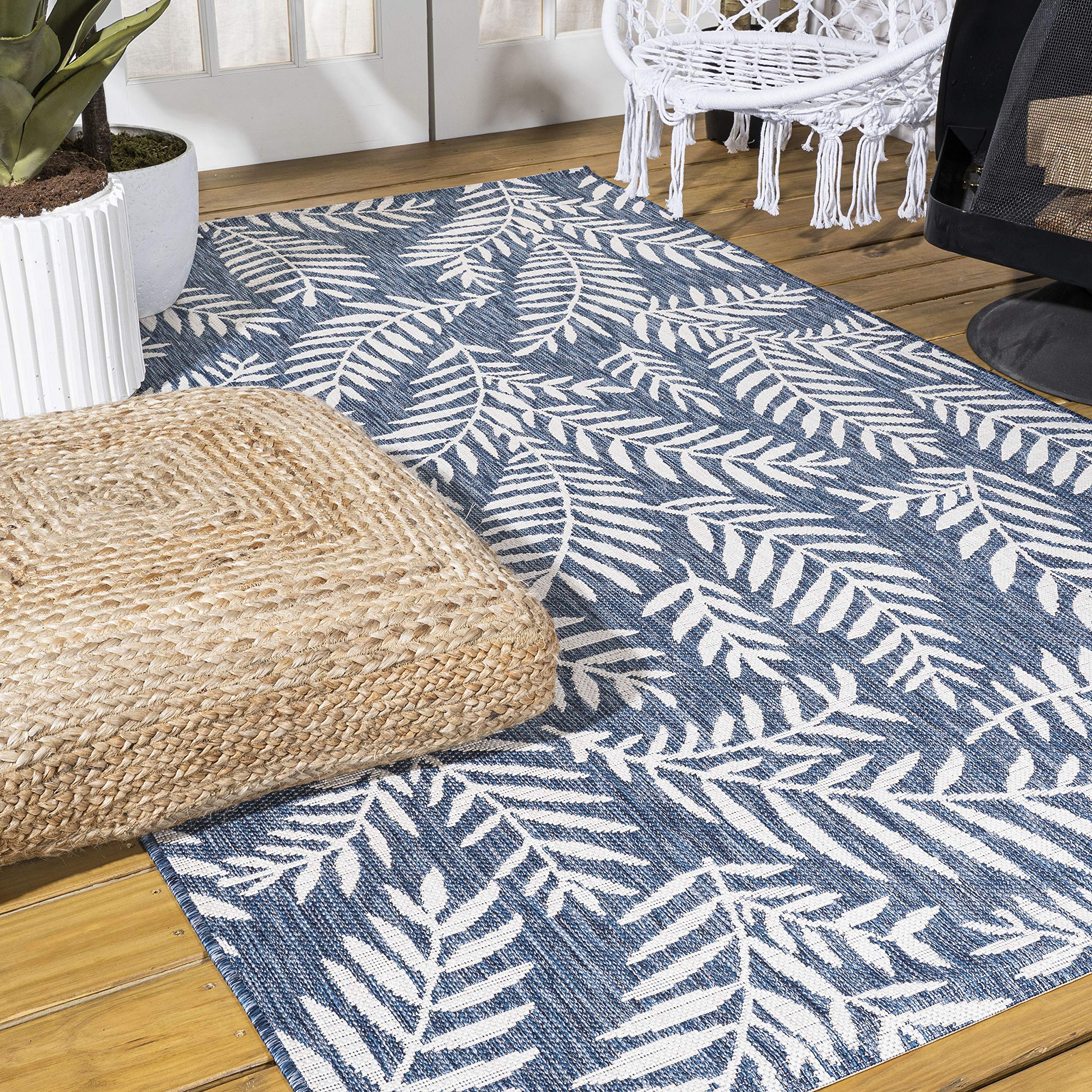 JONATHAN Y SMB119B-3 Nevis Palm Frond Indoor Outdoor Area-Rug Coastal Floral Easy-Cleaning Bedroom Kitchen Backyard Patio Non Shedding, 3 X 5, Navy/Ivory