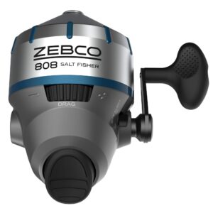 zebco 808 saltwater spincast fishing reel, stainless steel reel cover with abs insert, quickset anti-reverse and bite alert, pre-spooled with 20-pound cajun fishing line, clam pack, silver