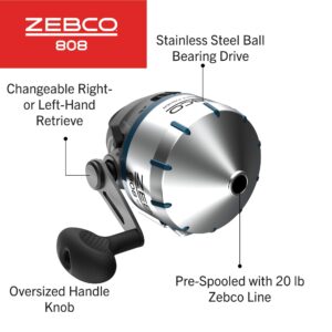 Zebco 808 Saltwater Spincast Fishing Reel, Stainless Steel Reel Cover with ABS Insert, Quickset Anti-Reverse and Bite Alert, Pre-spooled with 20-Pound Cajun Fishing Line, Clam Pack, Silver