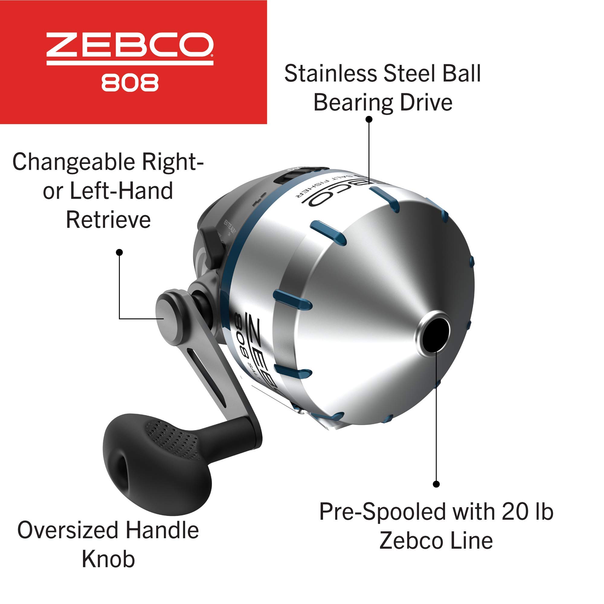 Zebco 808 Saltwater Spincast Fishing Reel, Stainless Steel Reel Cover with ABS Insert, Quickset Anti-Reverse and Bite Alert, Pre-spooled with 20-Pound Cajun Fishing Line, Clam Pack, Silver