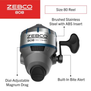 Zebco 808 Saltwater Spincast Fishing Reel, Stainless Steel Reel Cover with ABS Insert, Quickset Anti-Reverse and Bite Alert, Pre-spooled with 20-Pound Cajun Fishing Line, Clam Pack, Silver