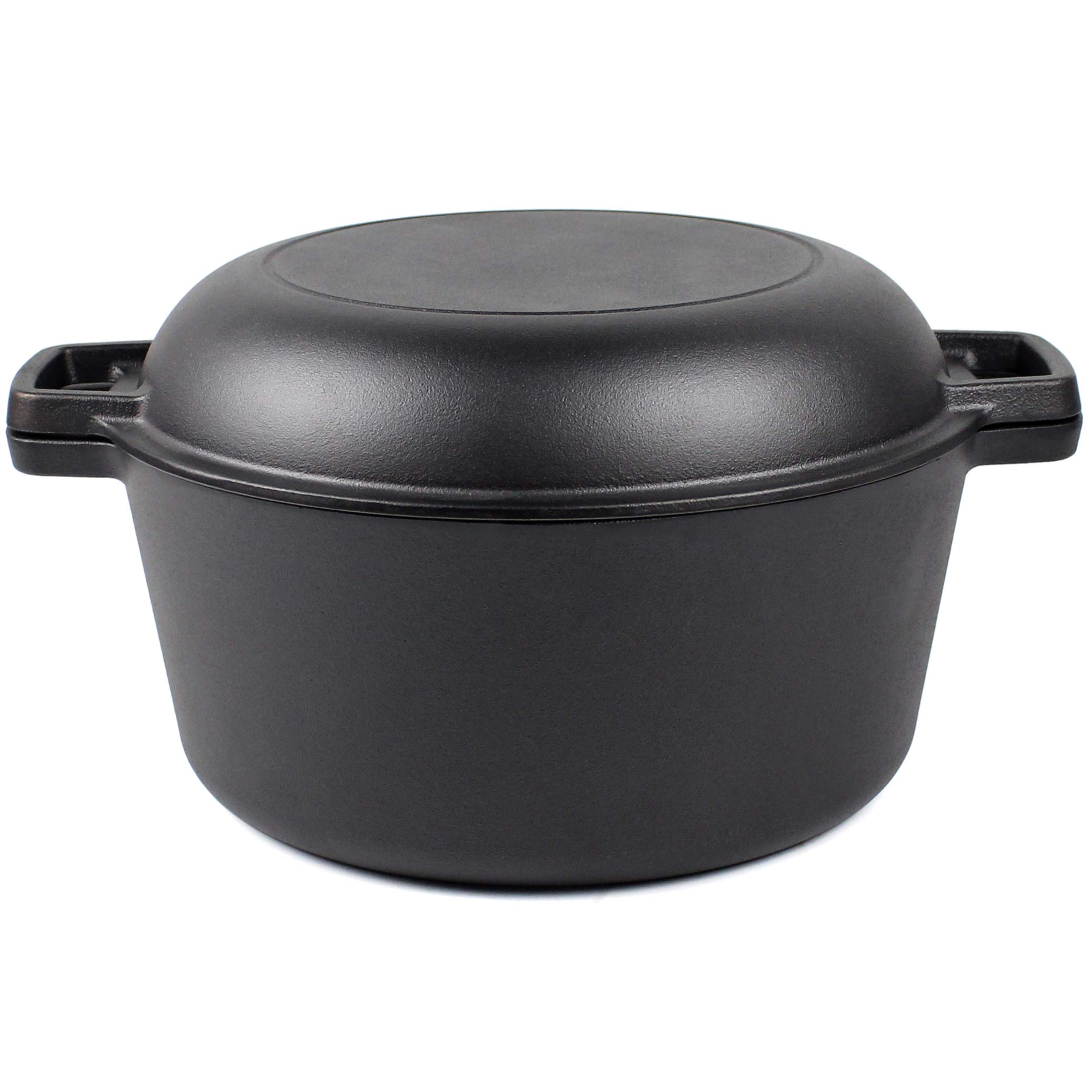 Cast Iron Dutch Oven with Skillet Lid - 10.23” diameter, 5 qt - Multi Cooker Stock Pot For Frying, Cooking, Baking & Broiling + 2 silicone potholders