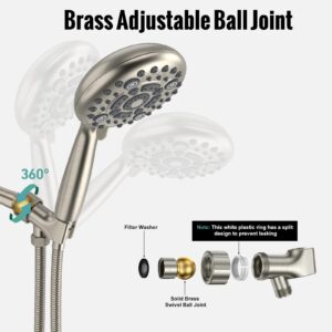 SR SUN RISE Shower Head 6-Settings 4.8 Inches High Pressure Shower Head with 1.8 Meter/71 Inch Long 304 Stainless Steel Shower Hose and Shower Arm Mount with Brass Ball Joint, Brushed Nickel