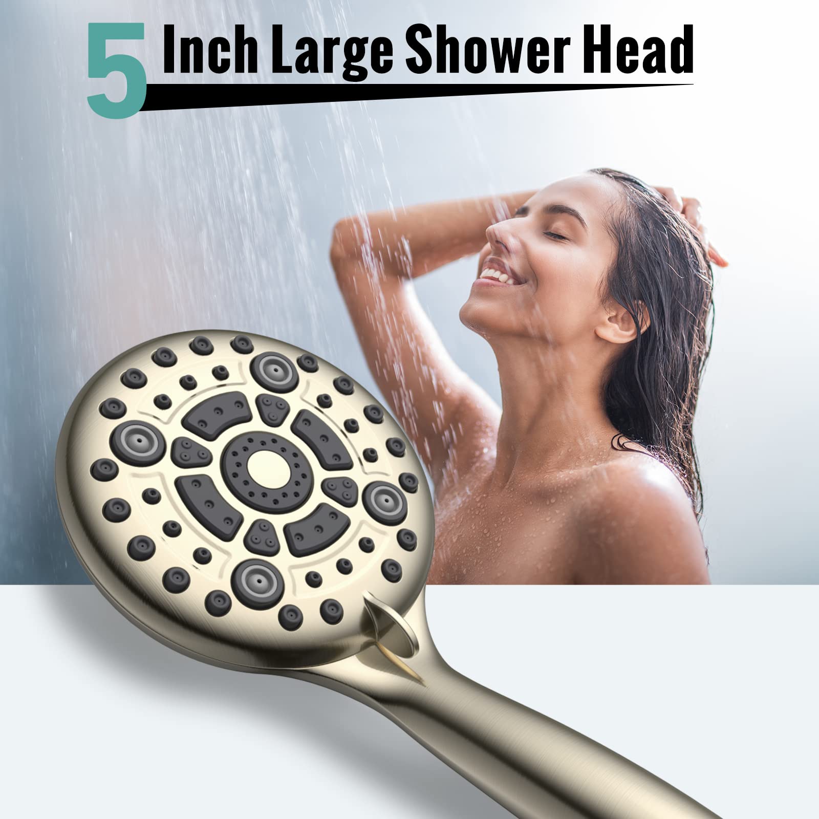 SR SUN RISE Shower Head 6-Settings 4.8 Inches High Pressure Shower Head with 1.8 Meter/71 Inch Long 304 Stainless Steel Shower Hose and Shower Arm Mount with Brass Ball Joint, Brushed Nickel