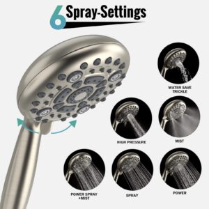 SR SUN RISE Shower Head 6-Settings 4.8 Inches High Pressure Shower Head with 1.8 Meter/71 Inch Long 304 Stainless Steel Shower Hose and Shower Arm Mount with Brass Ball Joint, Brushed Nickel