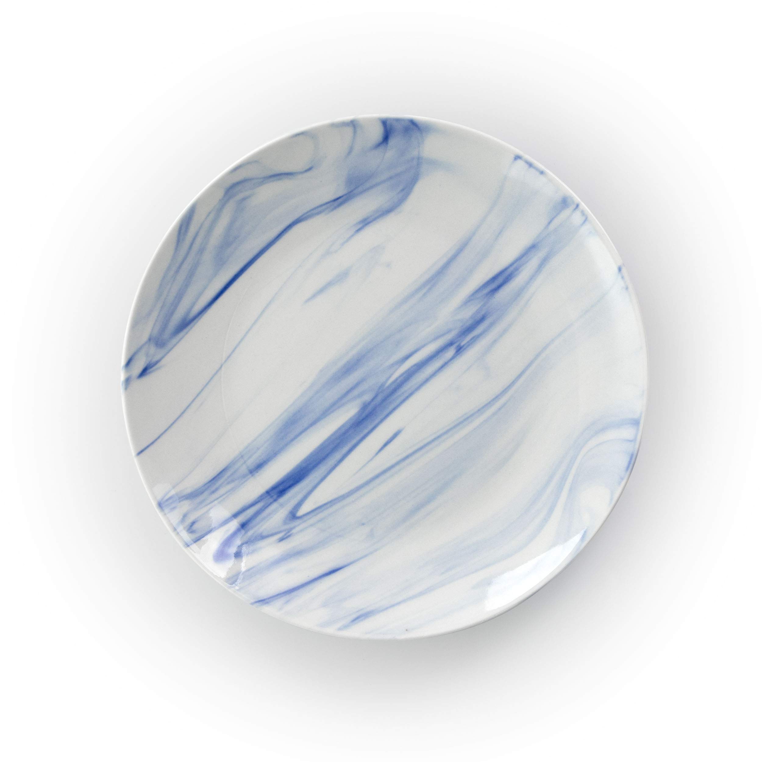 Elama Fine Round Gloss Dinnerware Dish Set, 16 Piece, Blue and White Marble