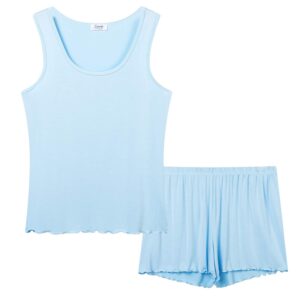 Joyaria Ladies Two Piece Sleeveless Tank Top Pajama/Pj/Sleep/Lounge Shorts Set(Light Blue,Large)