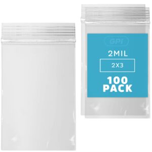 gpi clear plastic reclosable zip poly bags, case of 100, 2-mil thick, 2 inch x 3 inch, for travel, storage, shipping