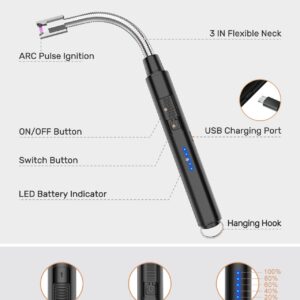 RONXS Lighter Electric Lighter, Candle Lighters USB Rechargeable Arc Lighter with Hanging Hook, LED Battery Display Long Lighters for Candle Grill BBQ Home Outdoor