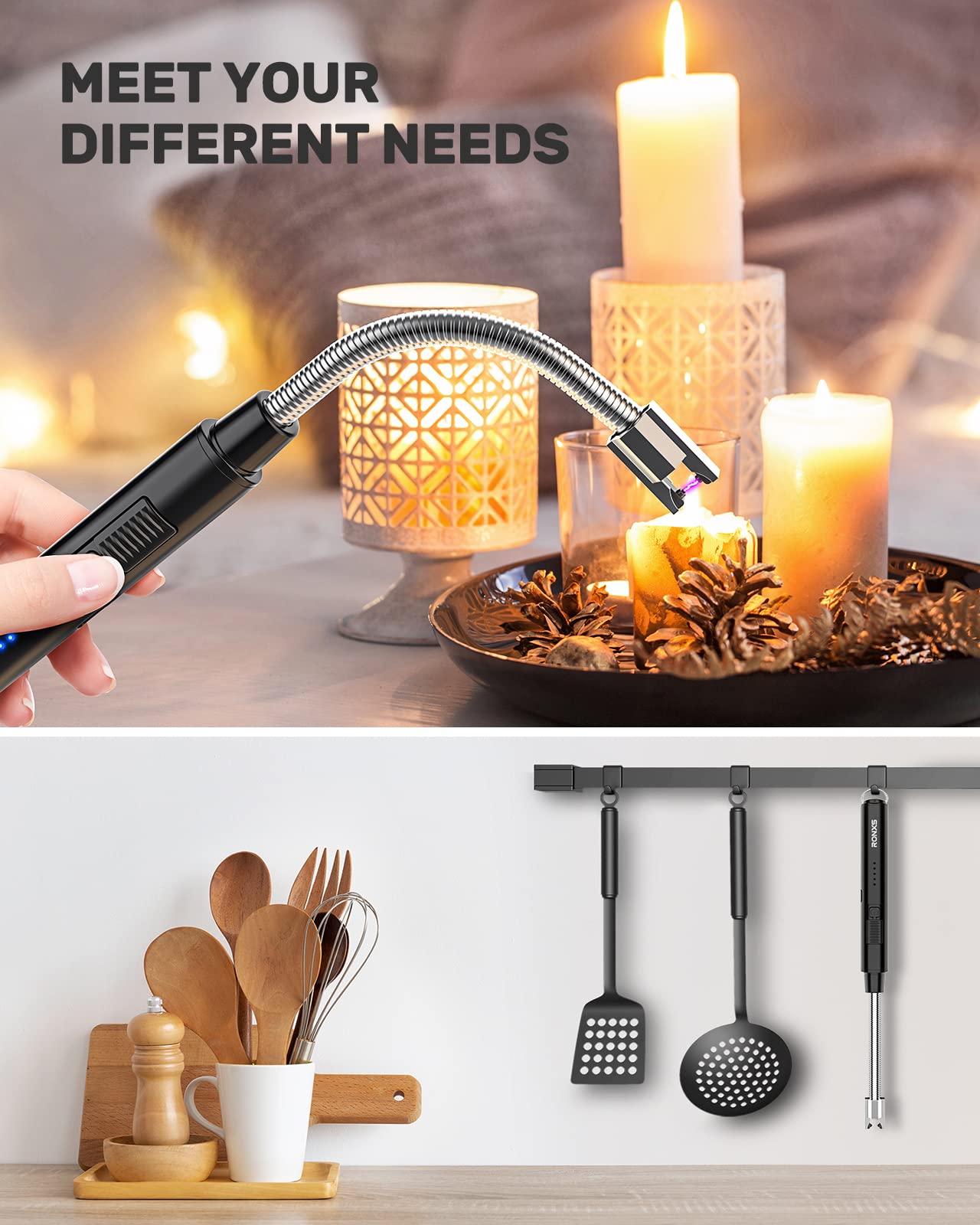 RONXS Lighter Electric Lighter, Candle Lighters USB Rechargeable Arc Lighter with Hanging Hook, LED Battery Display Long Lighters for Candle Grill BBQ Home Outdoor