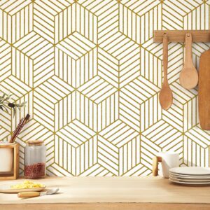 Geometric Wallpaper Peel and Stick Wallpaper Removable Self Adhesive Wall paper White/Gold Striped Hexagon Contact Paper for Cabinets Shelf Drawer Liner Renter Friendly Vinyl Roll 17.7"x118.1" Upgrade