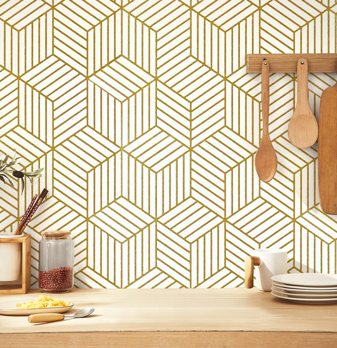 Geometric Wallpaper Peel and Stick Wallpaper Removable Self Adhesive Wall paper White/Gold Striped Hexagon Contact Paper for Cabinets Shelf Drawer Liner Renter Friendly Vinyl Roll 17.7"x118.1" Upgrade