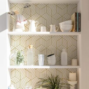 Geometric Wallpaper Peel and Stick Wallpaper Removable Self Adhesive Wall paper White/Gold Striped Hexagon Contact Paper for Cabinets Shelf Drawer Liner Renter Friendly Vinyl Roll 17.7"x118.1" Upgrade