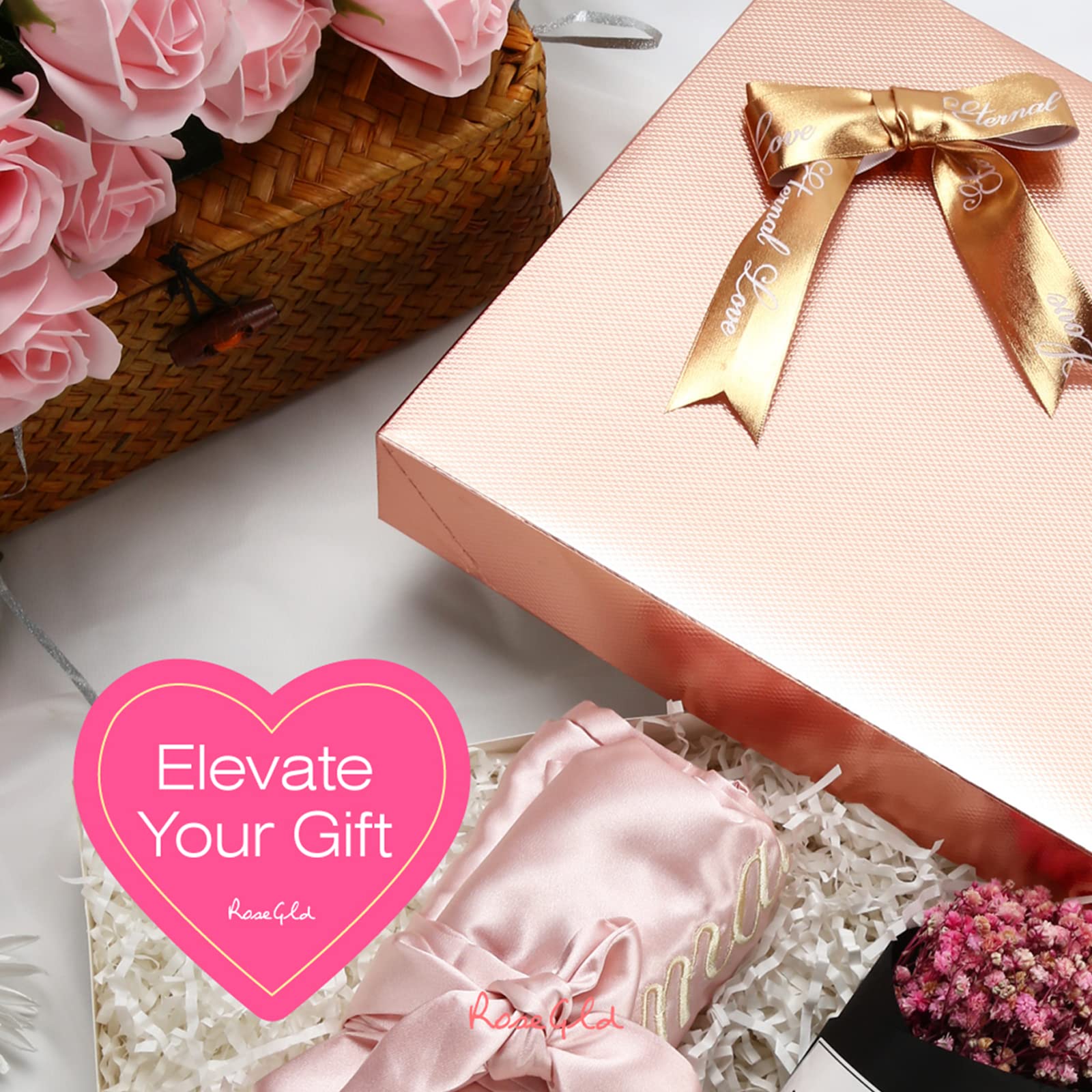 ROSEGLD 12 Gift Boxes with Lids 11x8.5x1.5 Inches, Gift Boxes for Clothes, Apparel Gift Boxes, Clothing Gift Boxes, Rose Gold Gift Wrap Boxes (Glossy Rose Gold with Grain Texture)