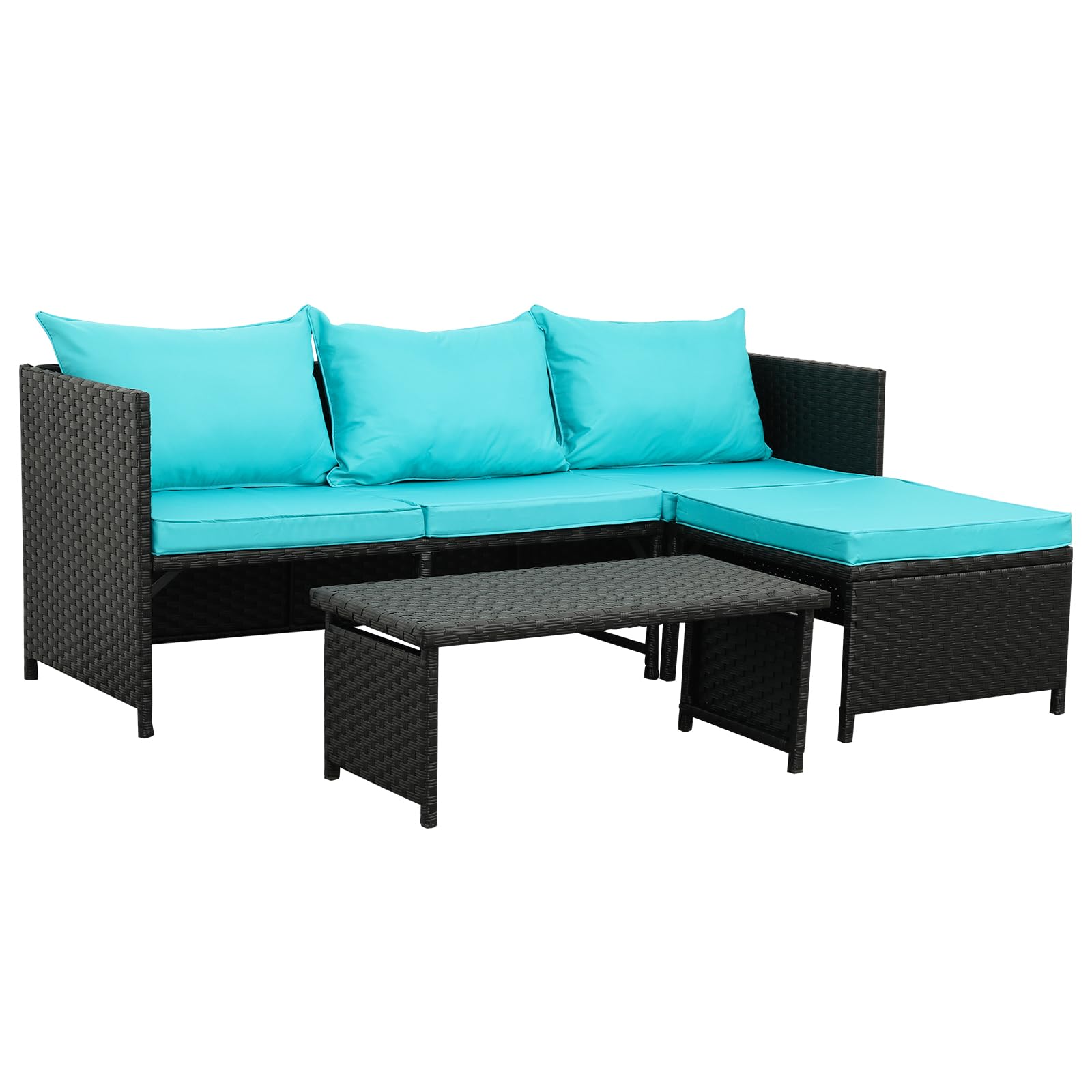 Valita 3-Piece Outdoor PE Rattan Furniture Set Patio Black Wicker Conversation Loveseat Sofa Sectional Couch Turquoise Cushion