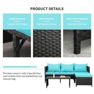 Valita 3-Piece Outdoor PE Rattan Furniture Set Patio Black Wicker Conversation Loveseat Sofa Sectional Couch Turquoise Cushion