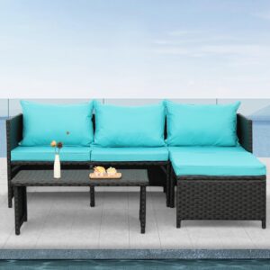 Valita 3-Piece Outdoor PE Rattan Furniture Set Patio Black Wicker Conversation Loveseat Sofa Sectional Couch Turquoise Cushion