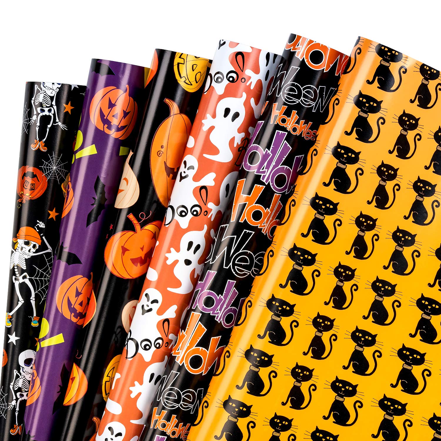 WRAPAHOLIC Wrapping Paper Sheet - Pumpkin and Black Cat Design, Perfect for Halloween, Holiday, Party - 1 Roll Contains 6 Sheets - 17.5 inch X 30 inch Per Sheet