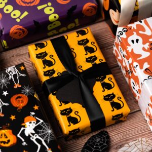 WRAPAHOLIC Wrapping Paper Sheet - Pumpkin and Black Cat Design, Perfect for Halloween, Holiday, Party - 1 Roll Contains 6 Sheets - 17.5 inch X 30 inch Per Sheet