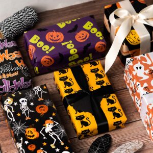 WRAPAHOLIC Wrapping Paper Sheet - Pumpkin and Black Cat Design, Perfect for Halloween, Holiday, Party - 1 Roll Contains 6 Sheets - 17.5 inch X 30 inch Per Sheet