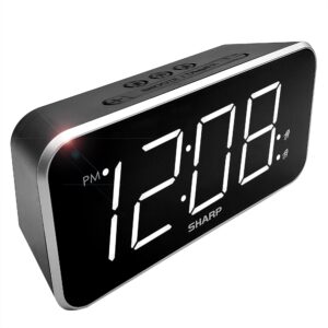 sharp alarm clock jumbo easy to read display – 3 step dimmer control – dual alarms, battery back-up, black with white led