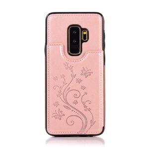 Phone Case for Samsung Galaxy S9 Plus with Tempered Glass Screen Protector and Card Holder Wallet Cover Stand Flip Leather Cell Accessories Glaxay S9+ 9S 9+ S 9 9plus S9plus Cases Women Rose Gold