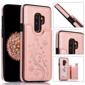 Phone Case for Samsung Galaxy S9 Plus with Tempered Glass Screen Protector and Card Holder Wallet Cover Stand Flip Leather Cell Accessories Glaxay S9+ 9S 9+ S 9 9plus S9plus Cases Women Rose Gold