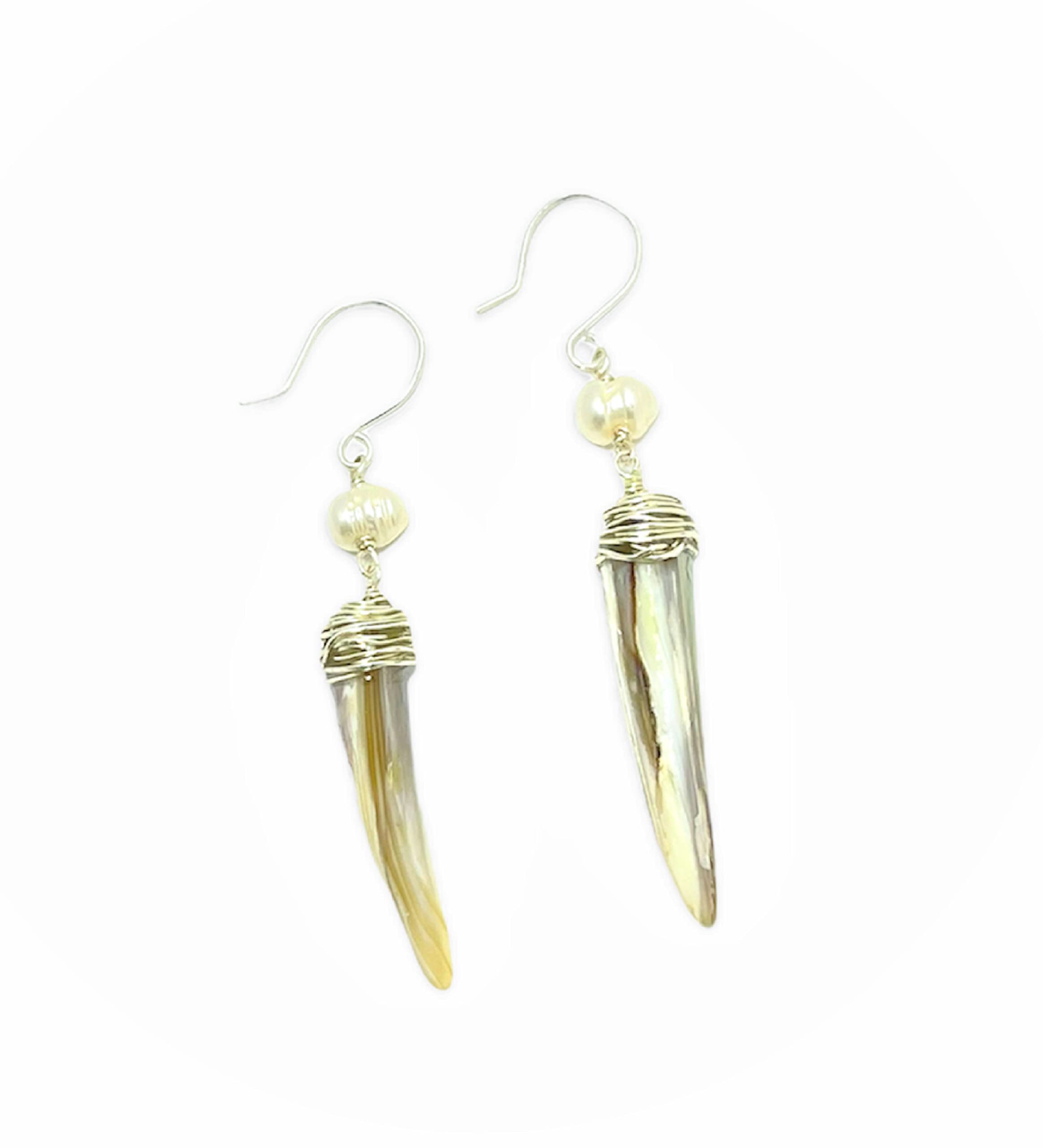 Natural Baroque Pearl and Shell Spike Dangle Earrings, Cultured Pearl, Natural Shell, Sterling Silver Ear Wire, Pearl White, Handmade -2~2 1/4 Inches Long with Ear Wire