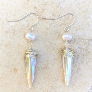 Natural Baroque Pearl and Shell Spike Dangle Earrings, Cultured Pearl, Natural Shell, Sterling Silver Ear Wire, Pearl White, Handmade -2~2 1/4 Inches Long with Ear Wire