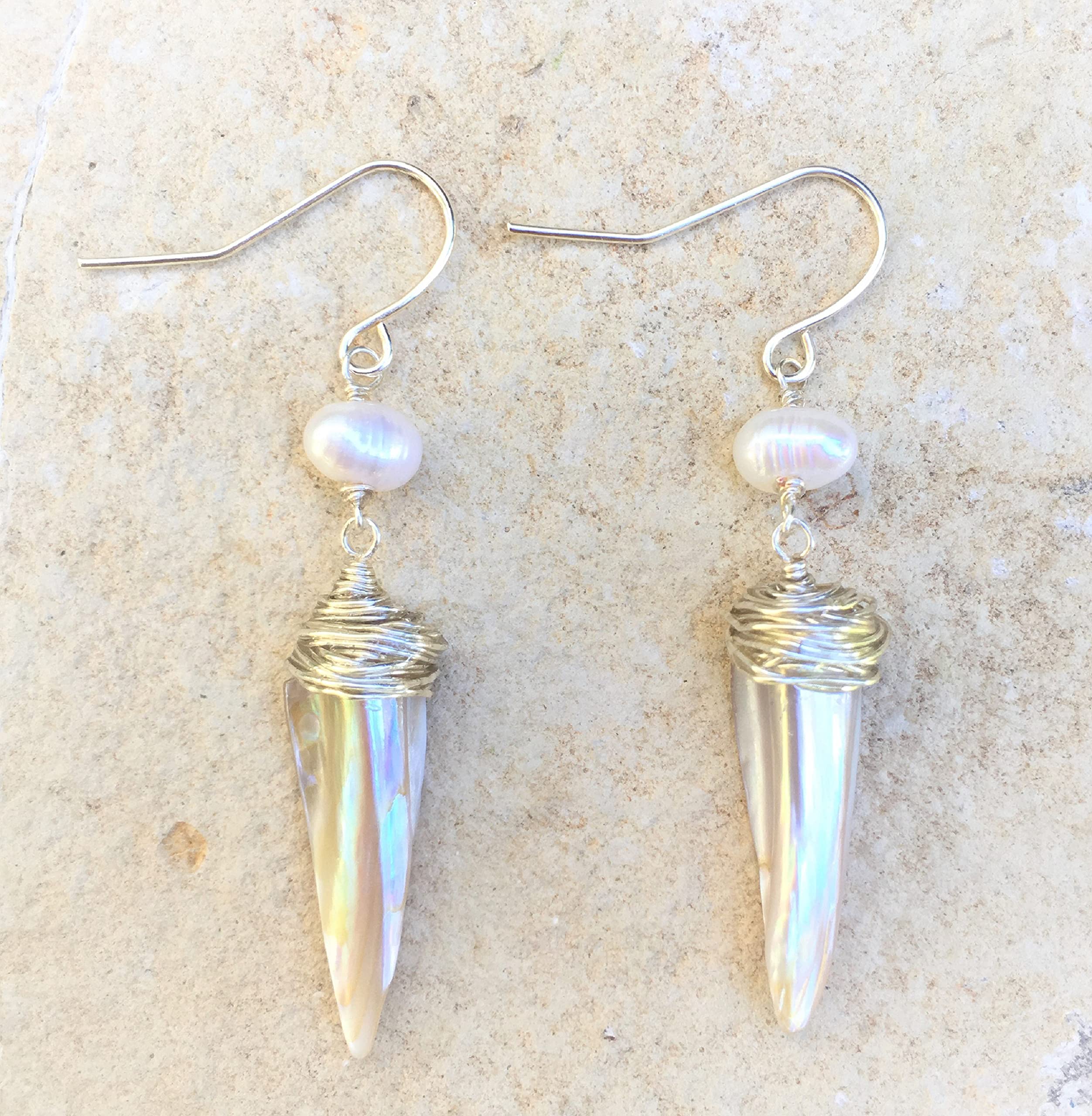 Natural Baroque Pearl and Shell Spike Dangle Earrings, Cultured Pearl, Natural Shell, Sterling Silver Ear Wire, Pearl White, Handmade -2~2 1/4 Inches Long with Ear Wire