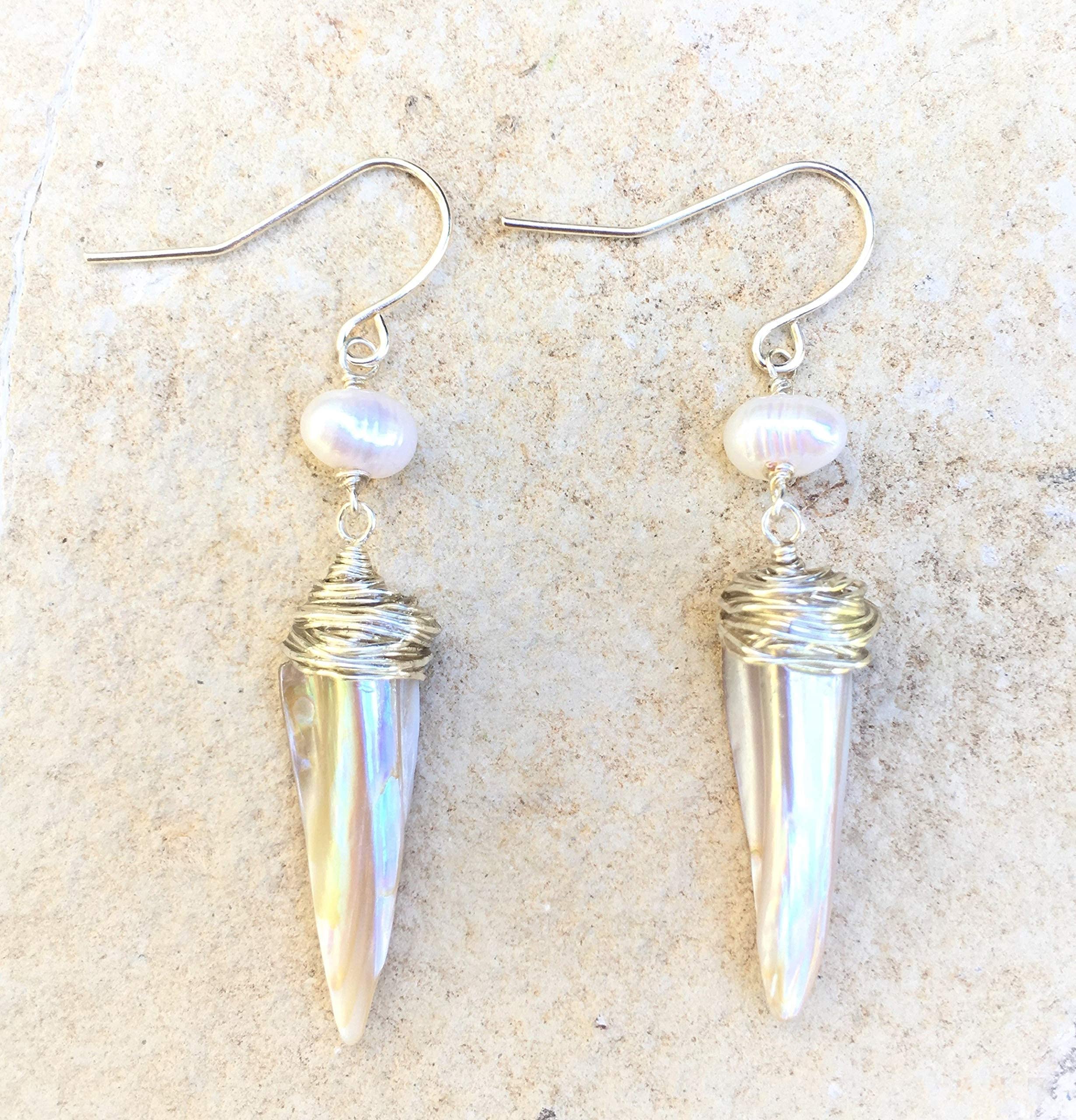 Natural Baroque Pearl and Shell Spike Dangle Earrings, Cultured Pearl, Natural Shell, Sterling Silver Ear Wire, Pearl White, Handmade -2~2 1/4 Inches Long with Ear Wire