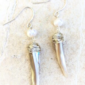 Natural Baroque Pearl and Shell Spike Dangle Earrings, Cultured Pearl, Natural Shell, Sterling Silver Ear Wire, Pearl White, Handmade -2~2 1/4 Inches Long with Ear Wire