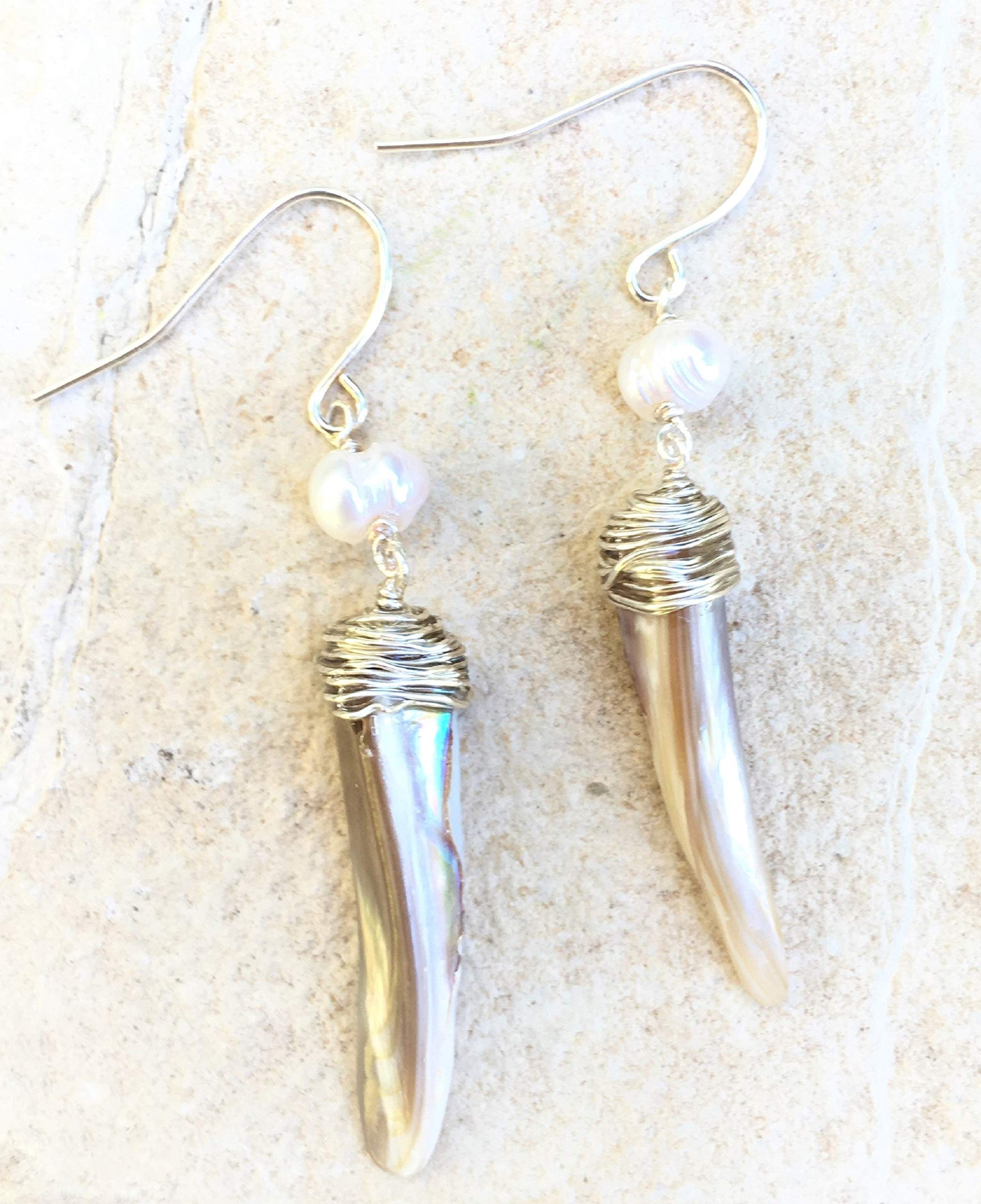 Natural Baroque Pearl and Shell Spike Dangle Earrings, Cultured Pearl, Natural Shell, Sterling Silver Ear Wire, Pearl White, Handmade -2~2 1/4 Inches Long with Ear Wire