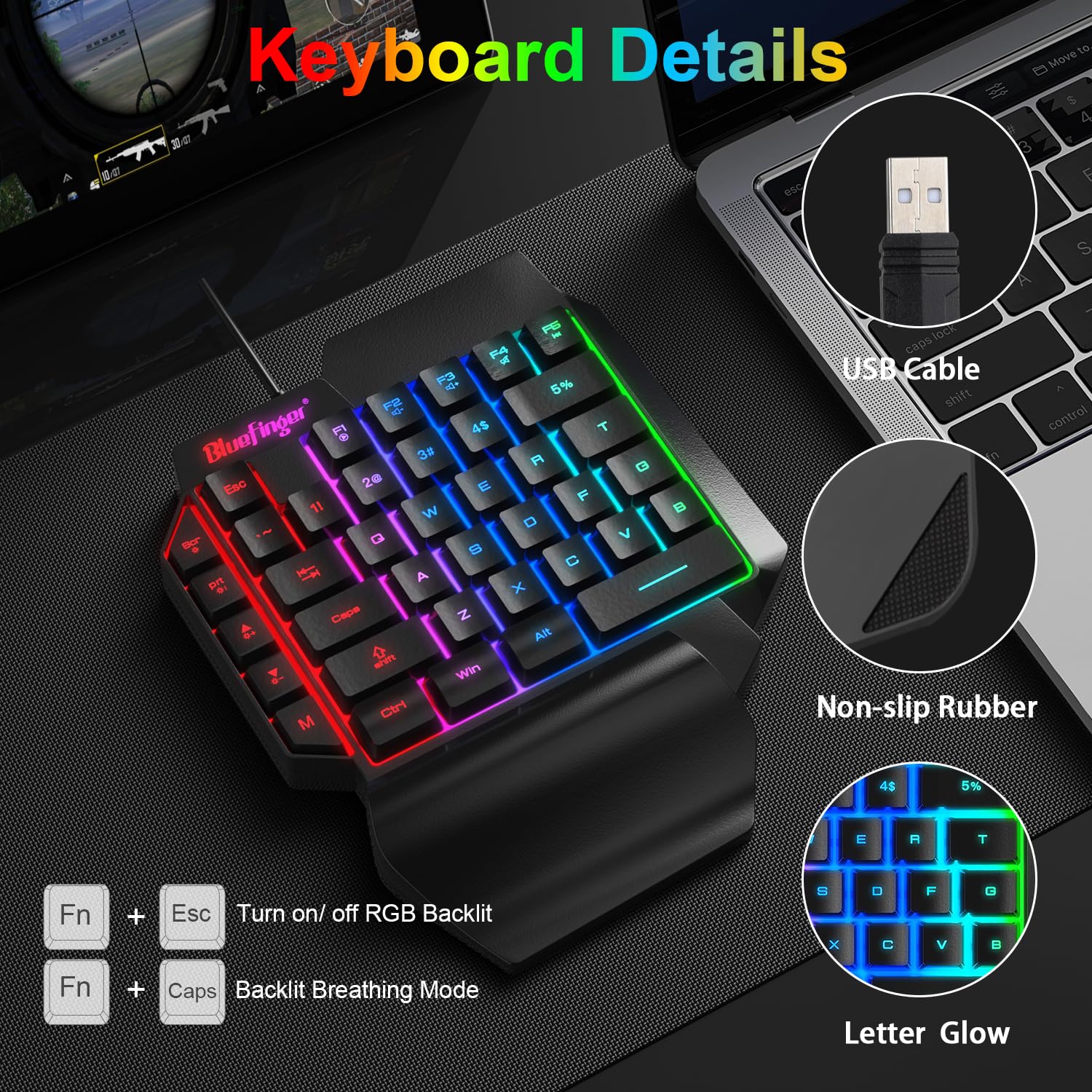 One Hand RGB Gaming Keyboard,USB Wired Rainbow Letters Glow Single Hand Keyboard with Wrist Rest Support Multimedia Keys, Backlit Ergonomic Mechanical Feeling Keyboard for Game