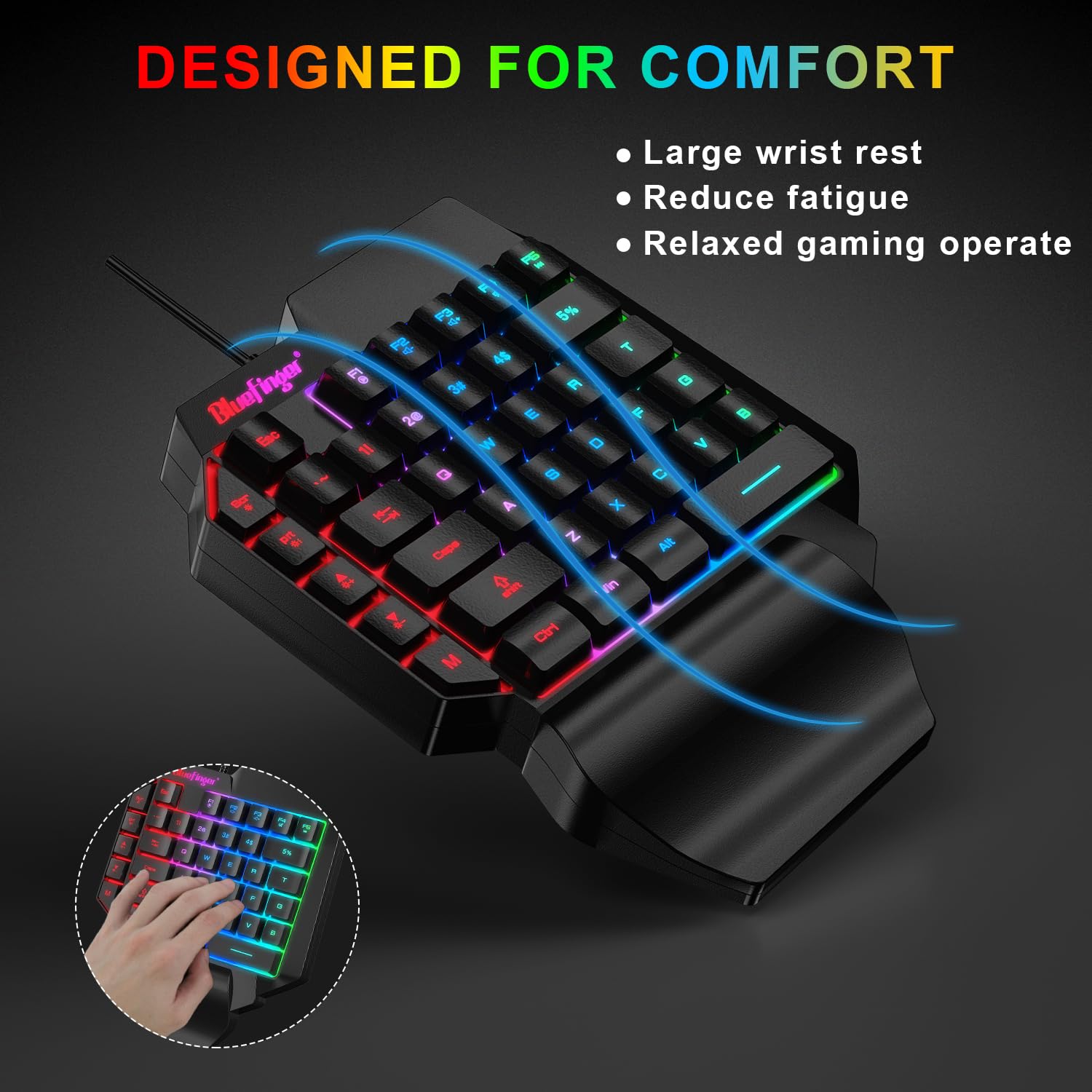 One Hand RGB Gaming Keyboard,USB Wired Rainbow Letters Glow Single Hand Keyboard with Wrist Rest Support Multimedia Keys, Backlit Ergonomic Mechanical Feeling Keyboard for Game