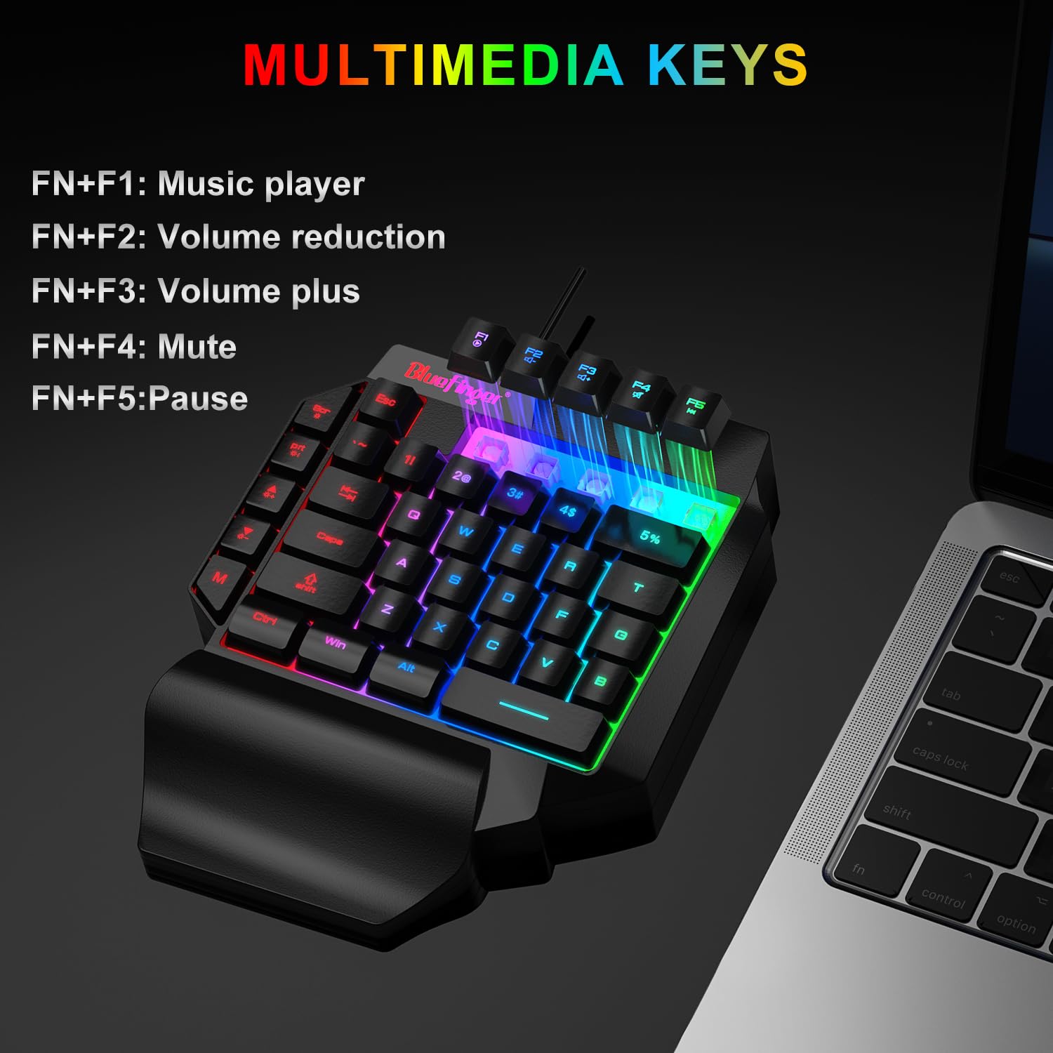 One Hand RGB Gaming Keyboard,USB Wired Rainbow Letters Glow Single Hand Keyboard with Wrist Rest Support Multimedia Keys, Backlit Ergonomic Mechanical Feeling Keyboard for Game