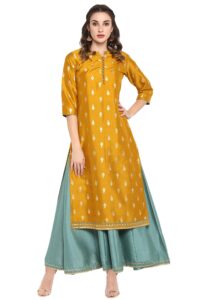 janasya indian women's mustard foil printed poly silk ethnic dress