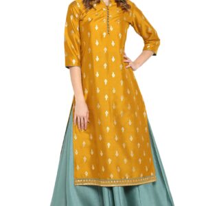 Janasya Indian Women's Mustard Foil Printed Poly Silk Ethnic Dress