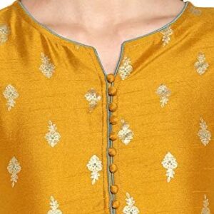 Janasya Indian Women's Mustard Foil Printed Poly Silk Ethnic Dress